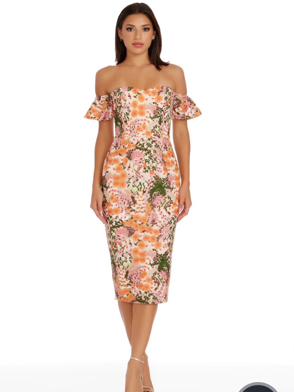 Dress the Population Pink and Orange Floral Off-Shoulder Midi Dress